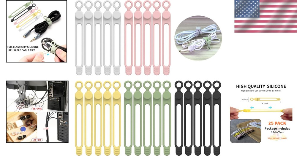 Versatile 25PCS Silicone Cable Management Ties - Safe & Reusable Organization