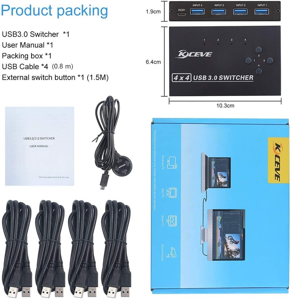 USB 3.0 Switch, USB Switcher Selector 4 Computer Sharing 4 USB Devices Printe...