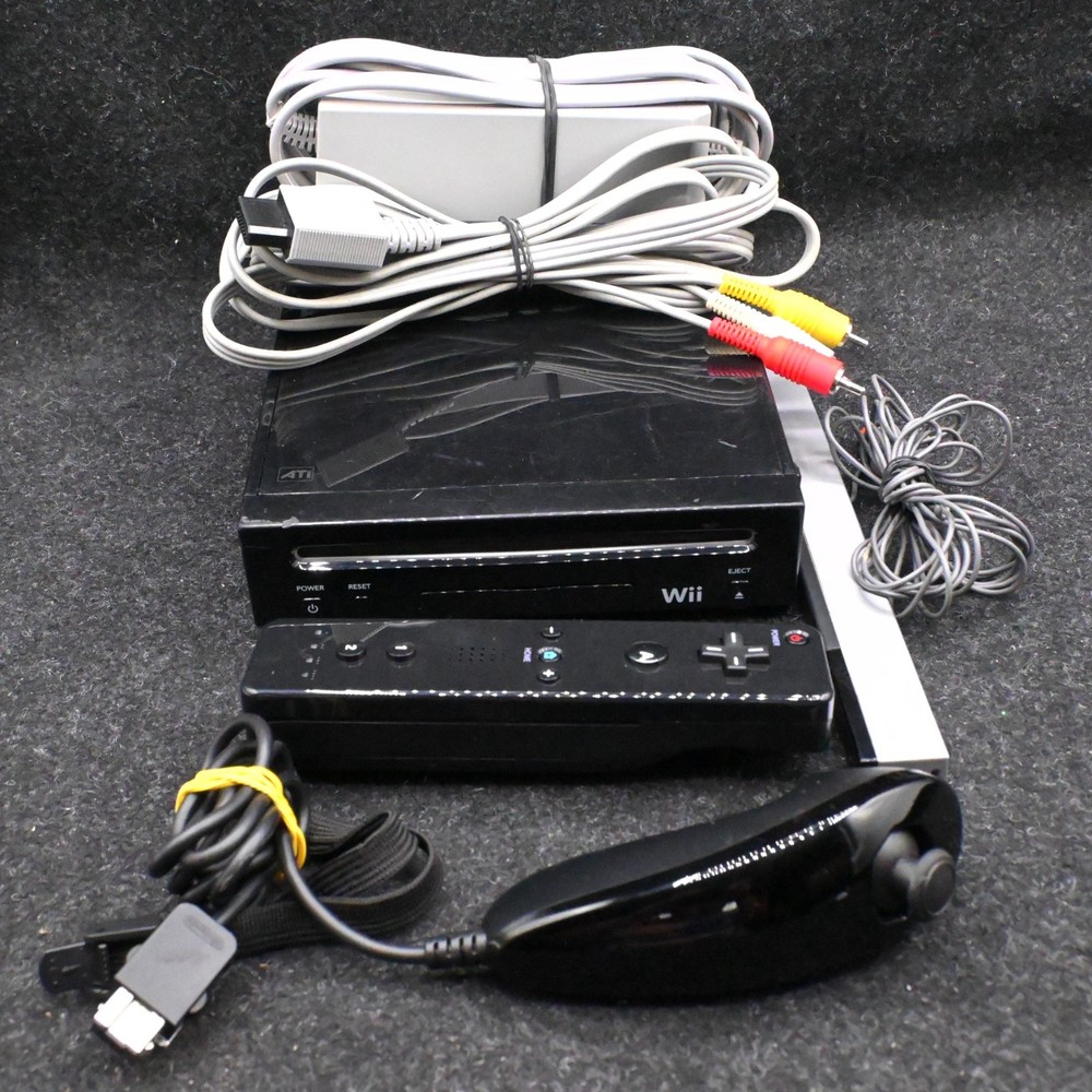 NINTENDO WII BLACK CONSOLE RVL-101 BUNDLE W/ CONTROLLER NUNCHUK SENSOR & CABLES