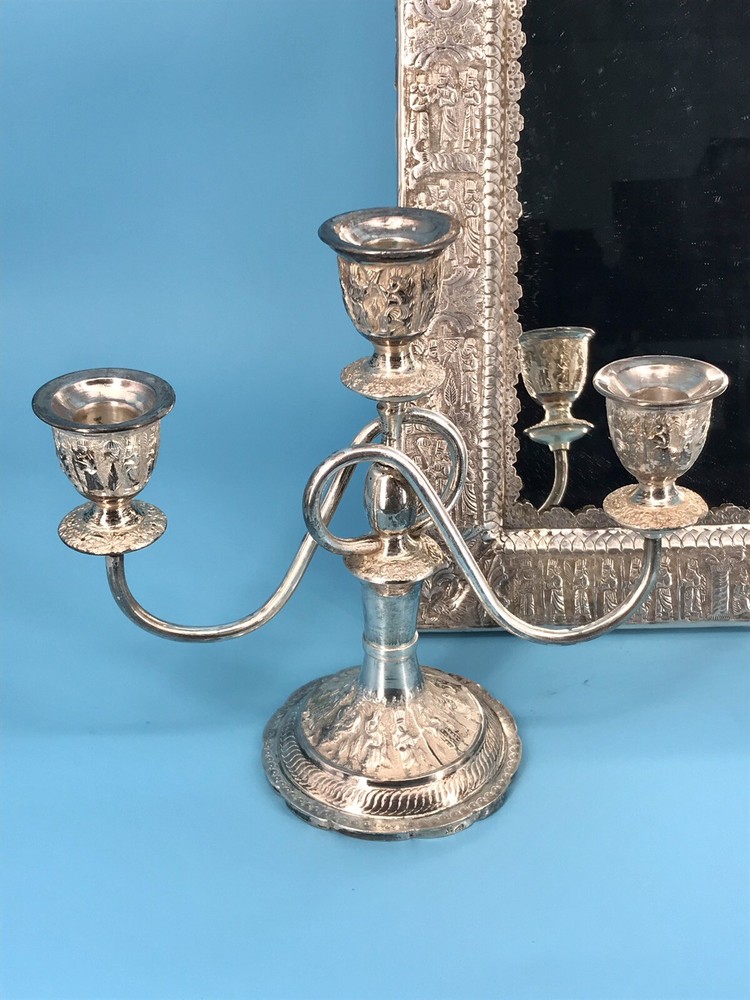 Middle Eastern,carved set Candlestick & Sheet Mirror 84 SOLID Silver 2800 grams