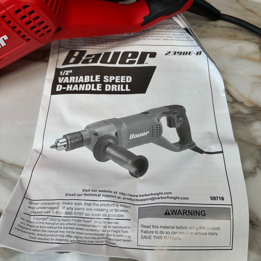 Bauer 9 amp 1/2” Variable Speed D-Handle Drill 2398E-B NIB