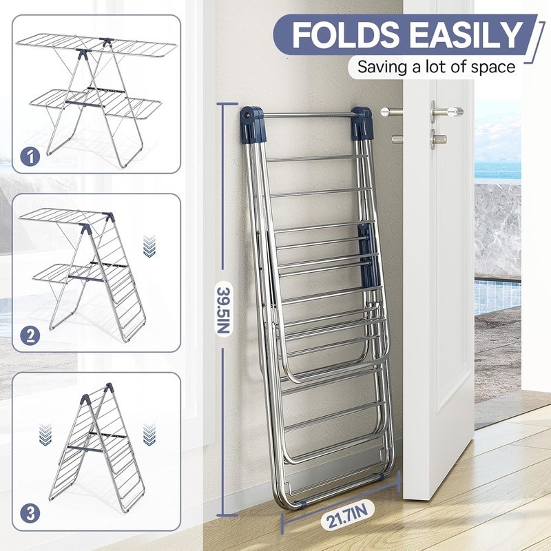 Adjustable Foldable Drying Rack Two Tiers Space Saving Indoor Outdoor Use