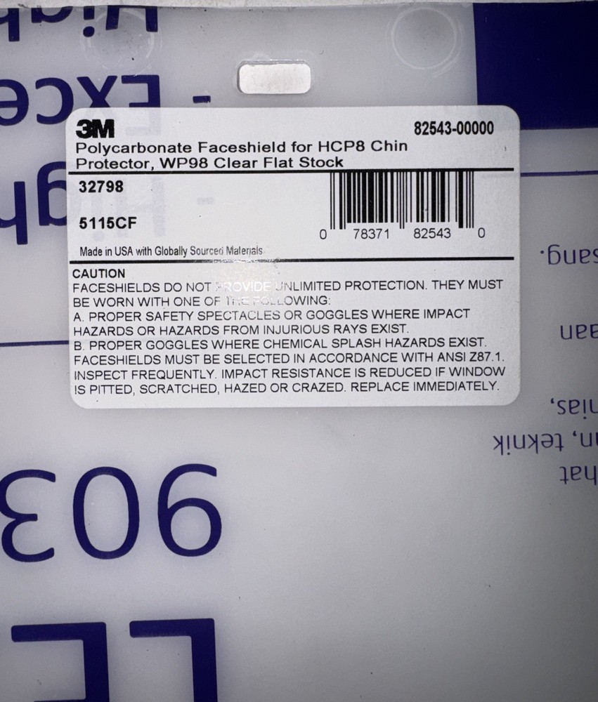 3M 82543-00000 WP98 Clear Flat Polycarbonate Faceshield 1EA