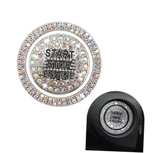 Car Engine Start Button Cover, Sparkling Rhinestone Push 2 PCS Multicolored