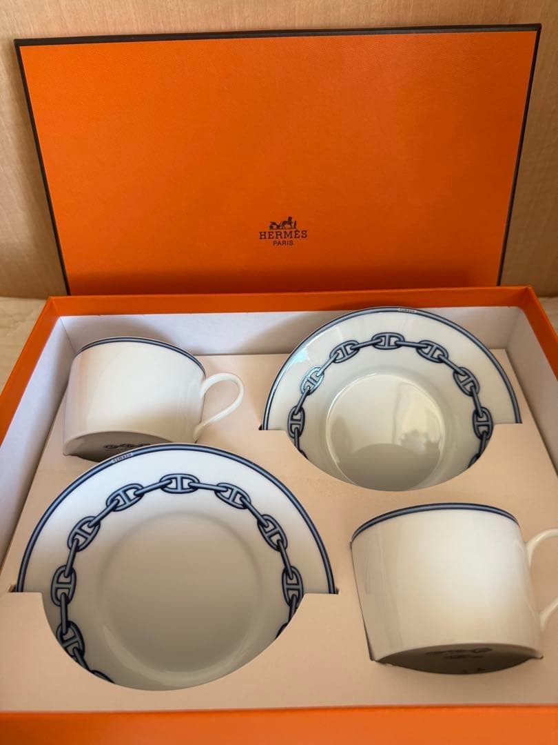 Hermes Chaine dAncre Teacup & Saucer Blue 2pc NEW in Box Ready Gift Set