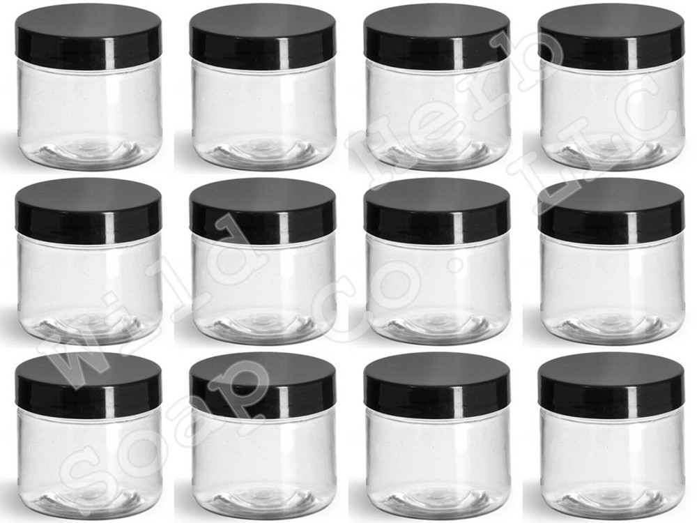 12 Clear Plastic 2 oz Empty Jars + Lids | Black Lined Caps | Bath Body Container