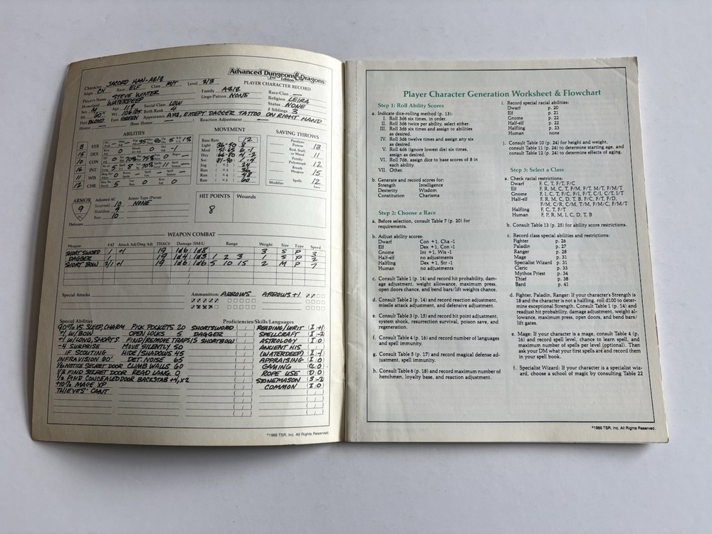 Advanced Dungeons and Dragons Character Record Sheets TSR 1989