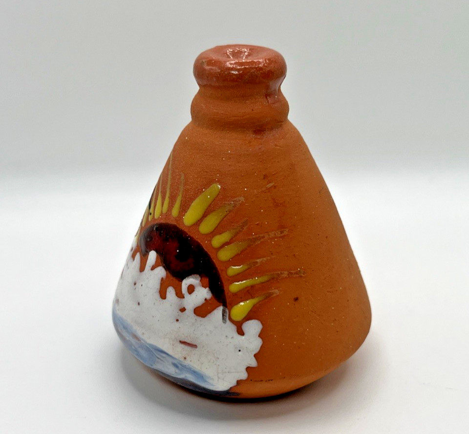 Vtg Miniature Pottery Jar Hand Painted Sun & Waves- Signed