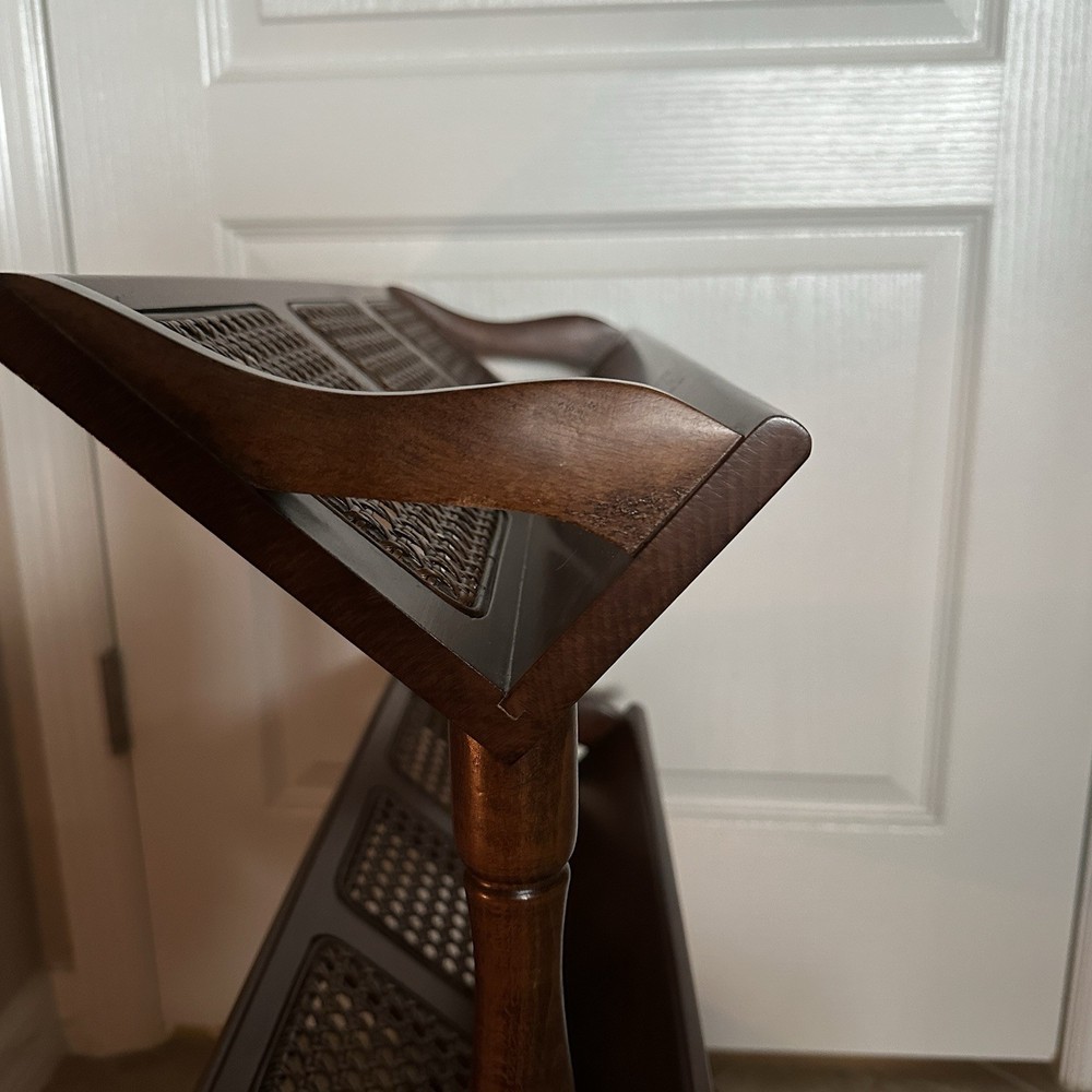MCM Woven Wicker & Solid Wood Library Book Trough Floor Stand - 2 Tier