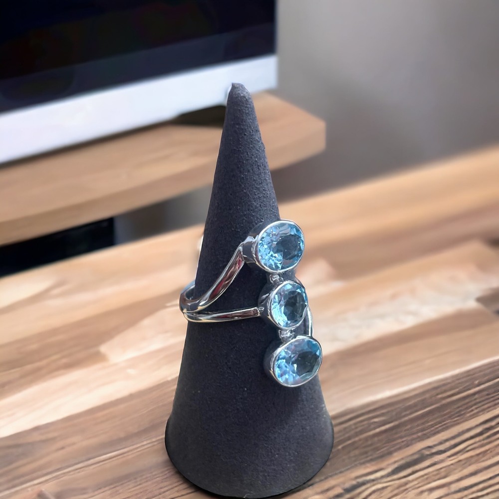 Blue Topaz 925 Sterling Silver Three Stone Ring