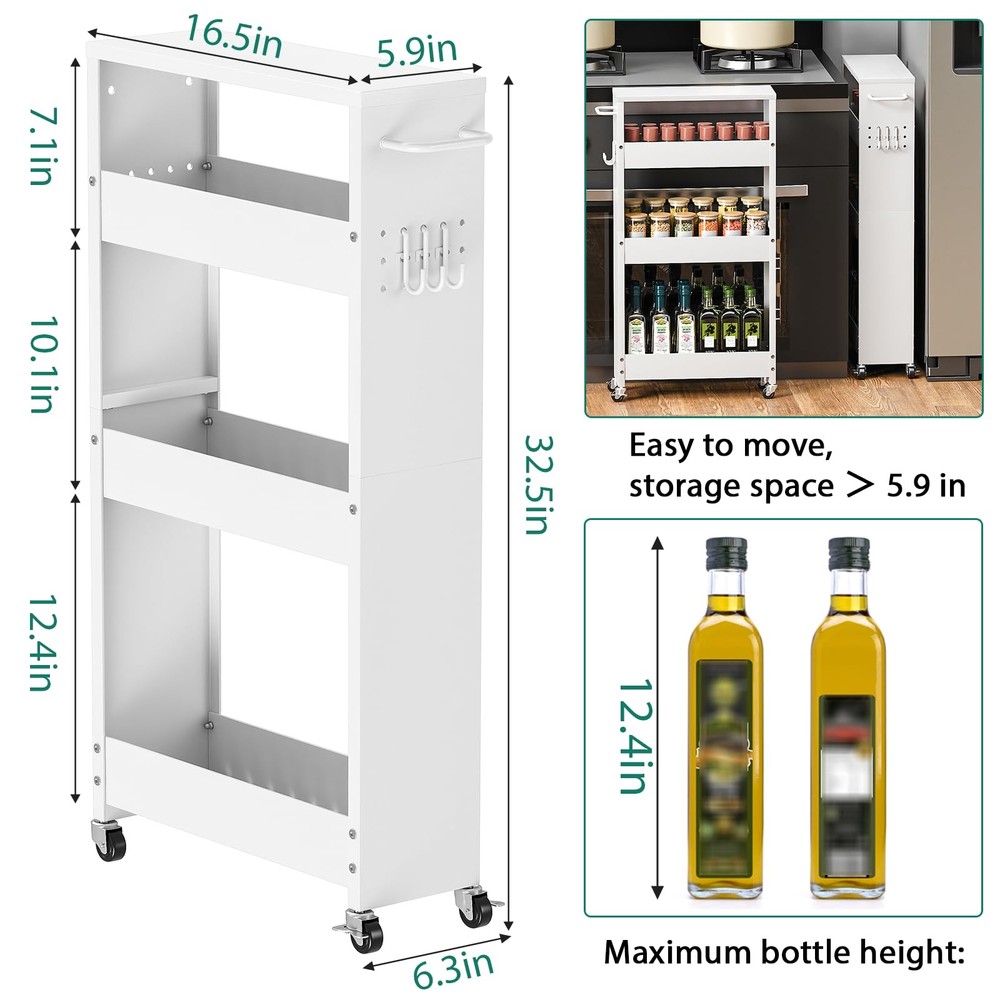 4 Tier Rolling Kitchen Storage Cart 5.9in Width White Carts Slim Wheels Small