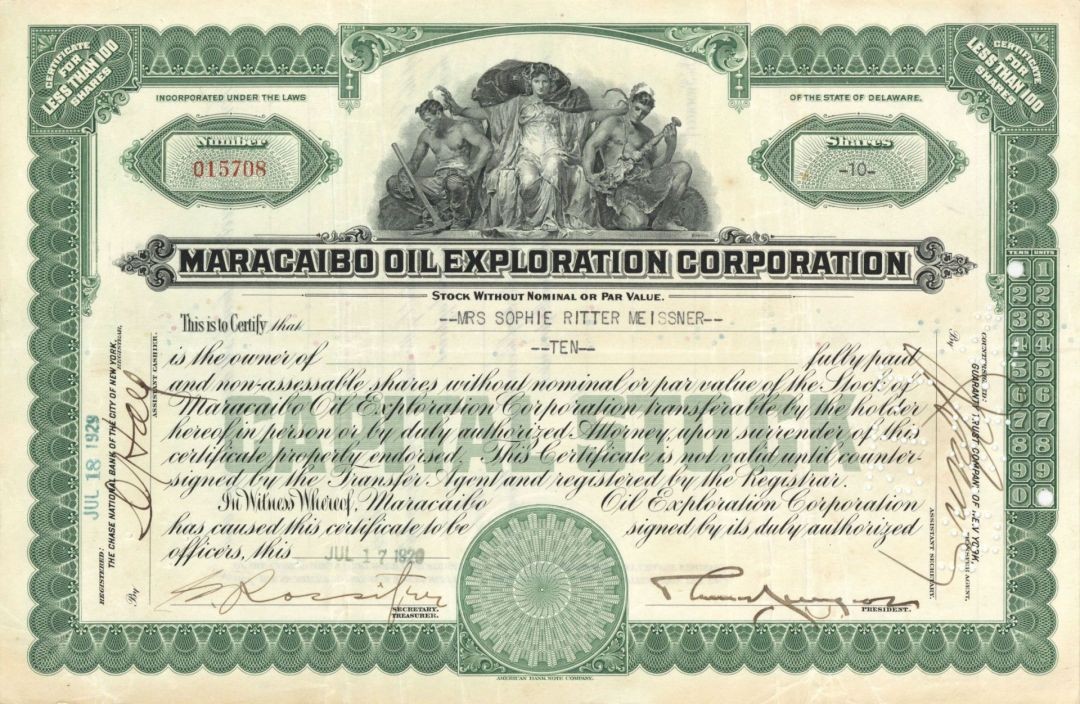Maracaibo Oil Exploration Corp. - 1920's-30's dated Oil Stock Certificate - Ma
