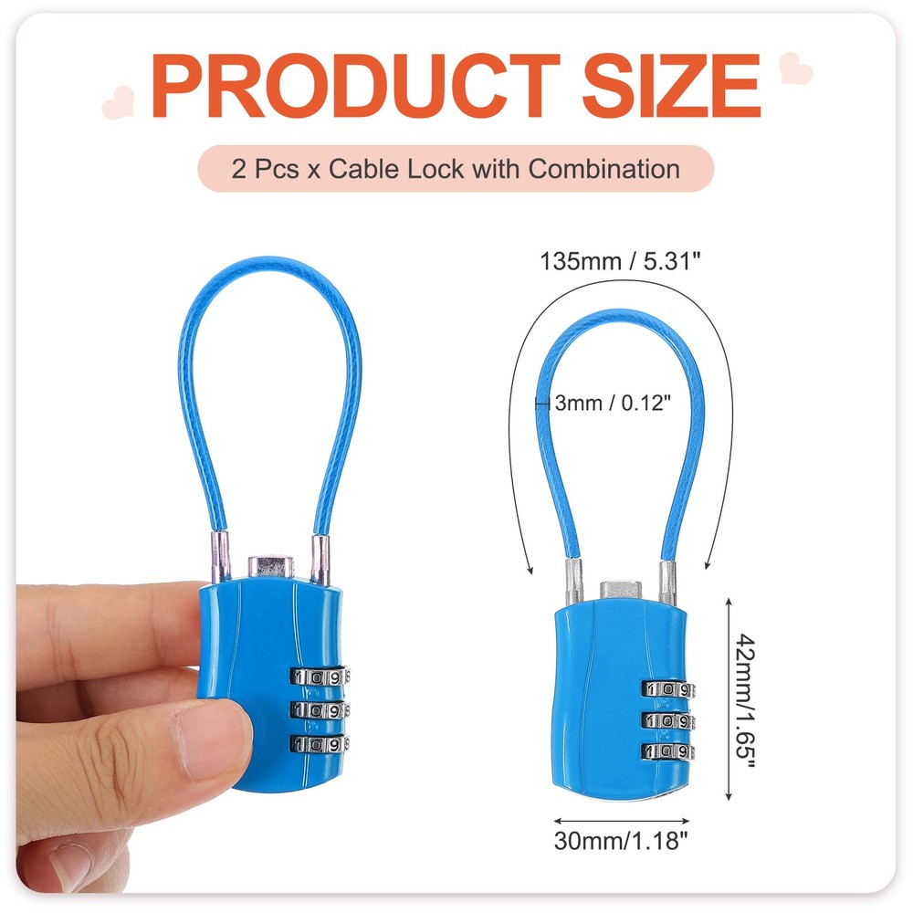2 Pcs 3 Digit Luggage Cable Combination Lock with 5" Long Cable, Blue