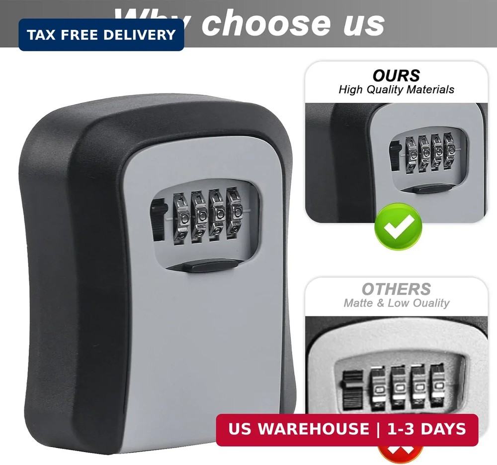 Key Lock Box for Outside, Wall Mounted, Waterproof Resettable Code Safe Security