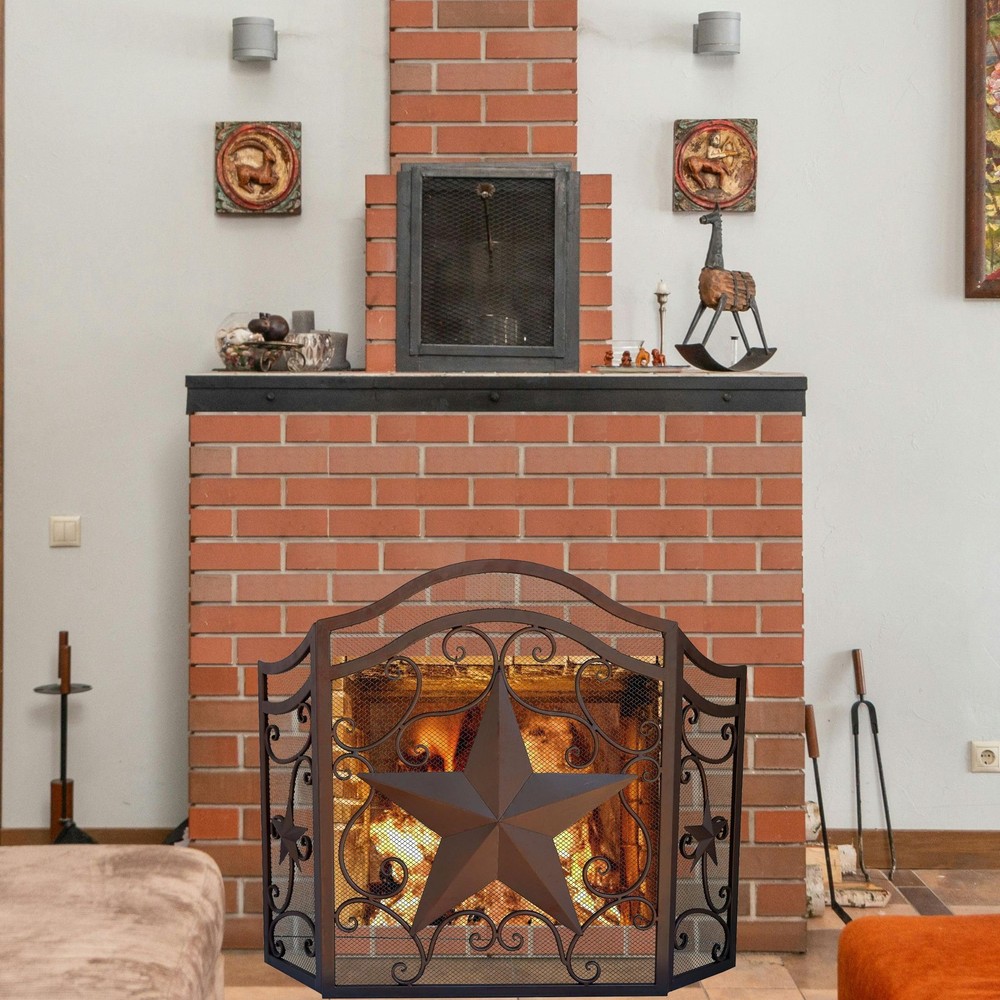 3-Panel Fireplace Screen Decorative with Stars & Scrolls Detail - Stand Alone...