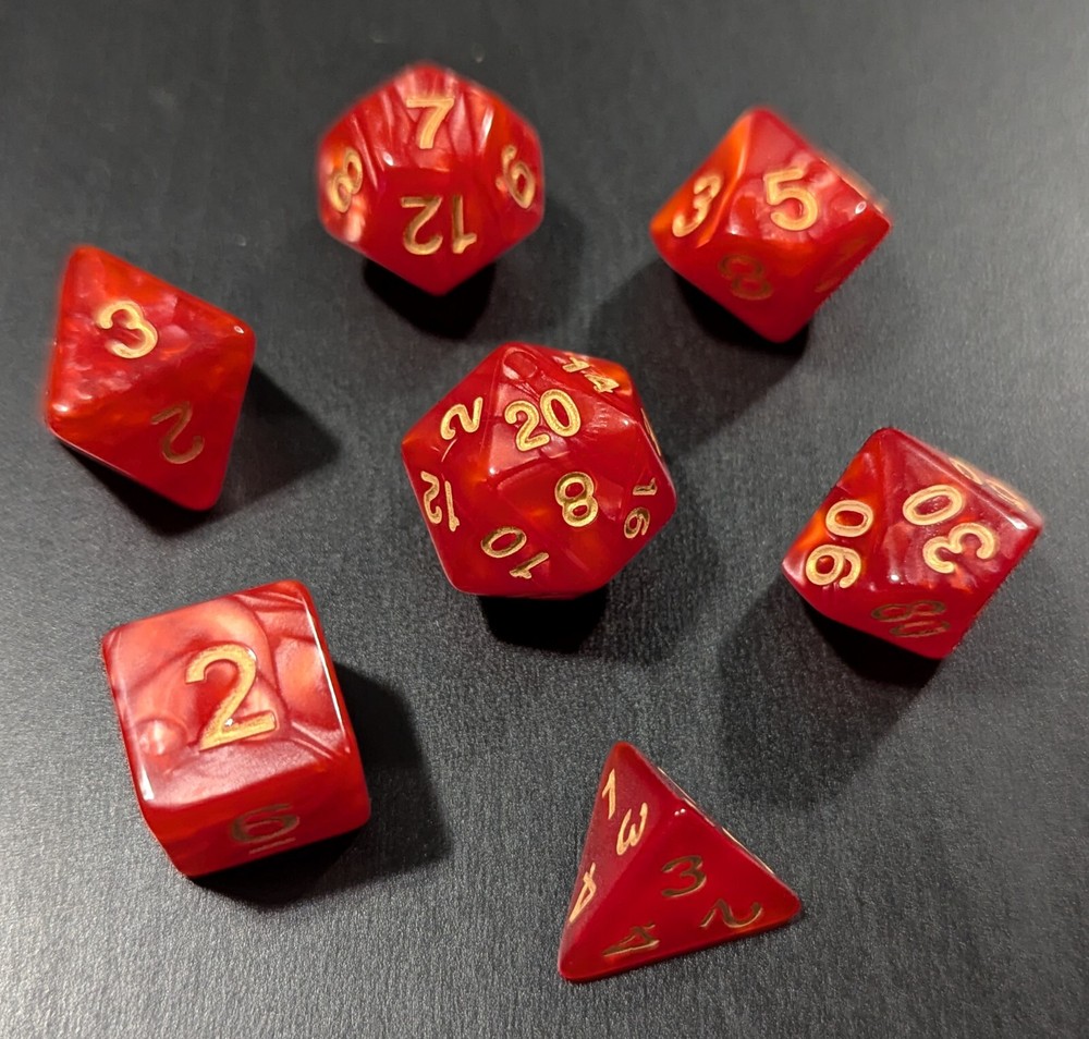 ✨Fire & Gold✨ 7 Dice Set Poly RPG DnD Dungeons Dragons AD&D Pathfinder d20