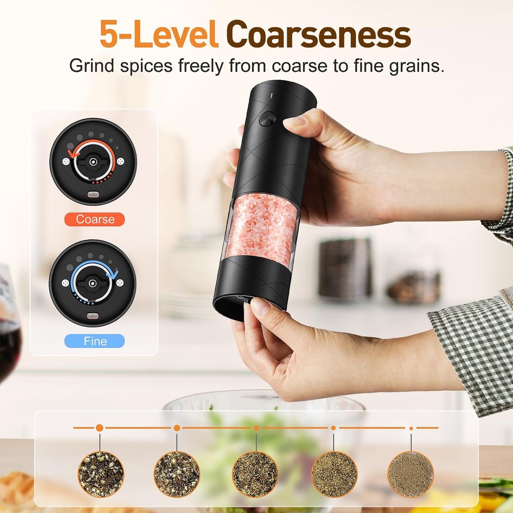 Rechargeable Salt & Pepper Grinders LED Light Adjustable One-Hand Use 2-Pack