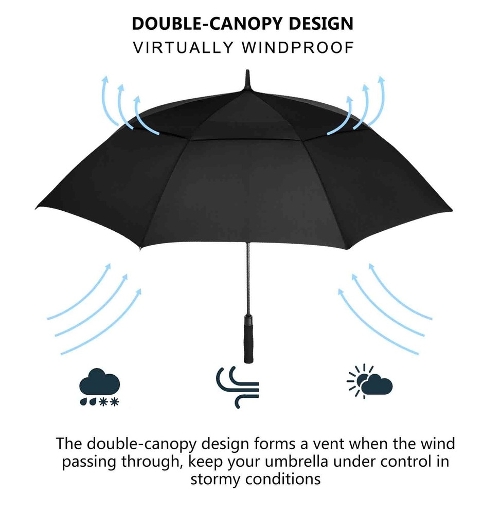 62 Inch Extra Large Automatic Open Golf Umbrella Oversize Double Canopy Black
