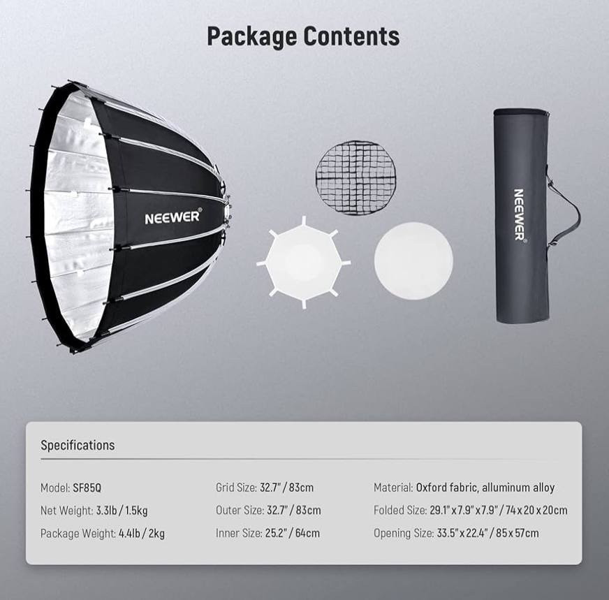 NEEWER 85cm Parabolic Softbox Quick Set up Quick Folding with Diffusers/Bag
