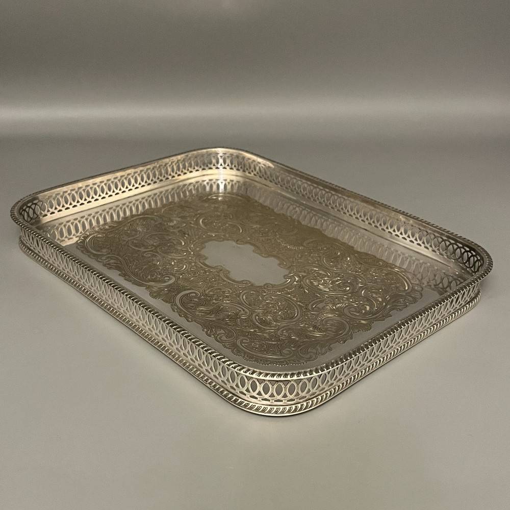 Vintage Silver Plated Gallery Tray Rectangular English Drinks Display on Brass