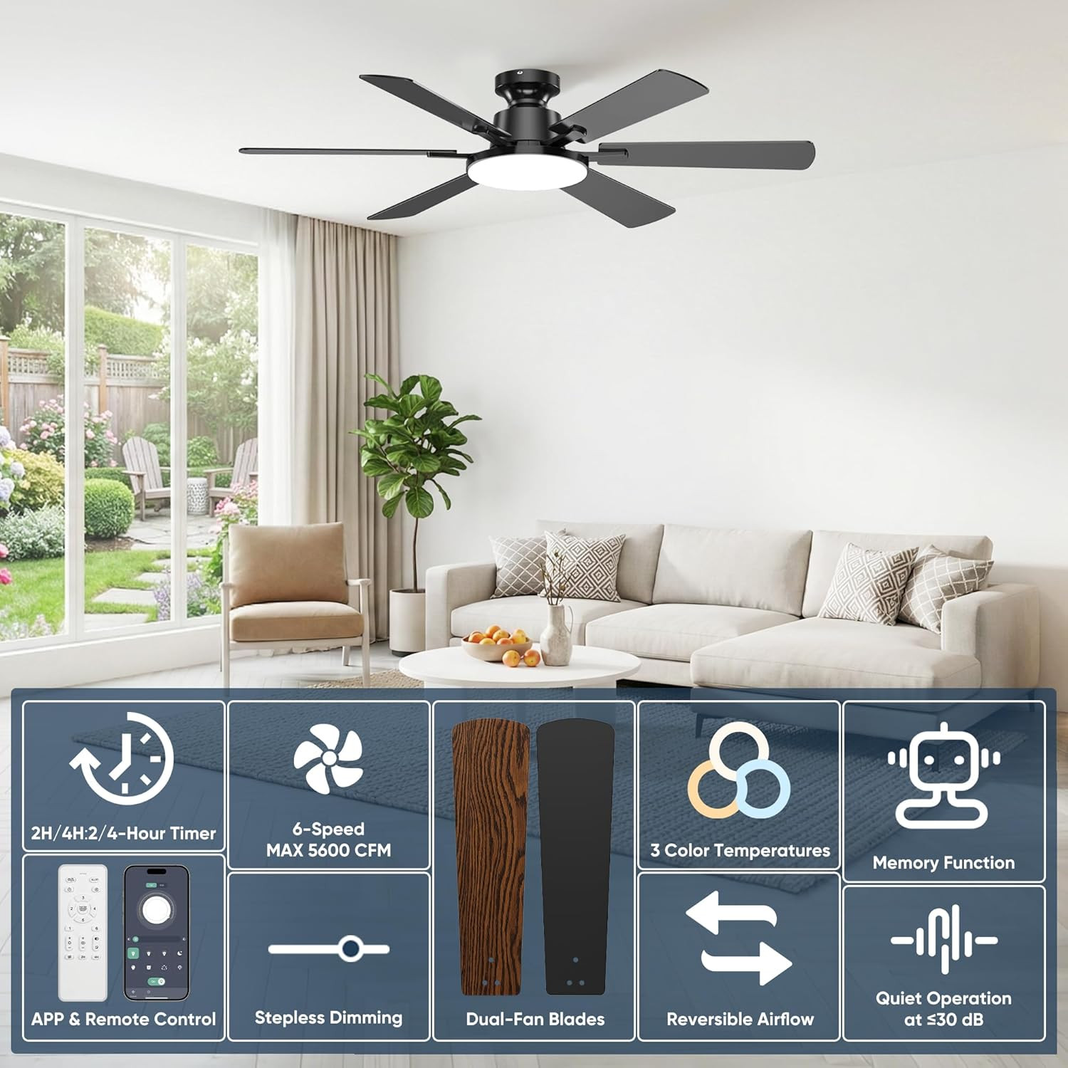 52 Inch Ceiling Fans with Lights, Upgraded 6 Blades Ceiling Fan with Light Remot