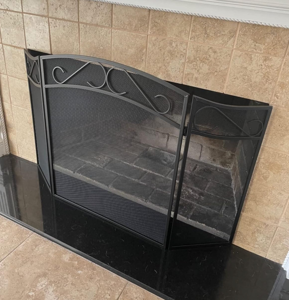 3 Panel Wrought Iron Fireplace Mesh Black Screen Guard Traditional Scrollwork