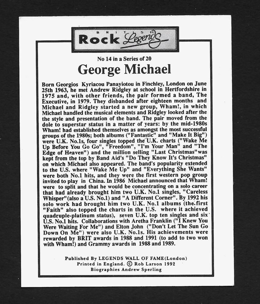 George Michael Rock Legends 1992 card #14