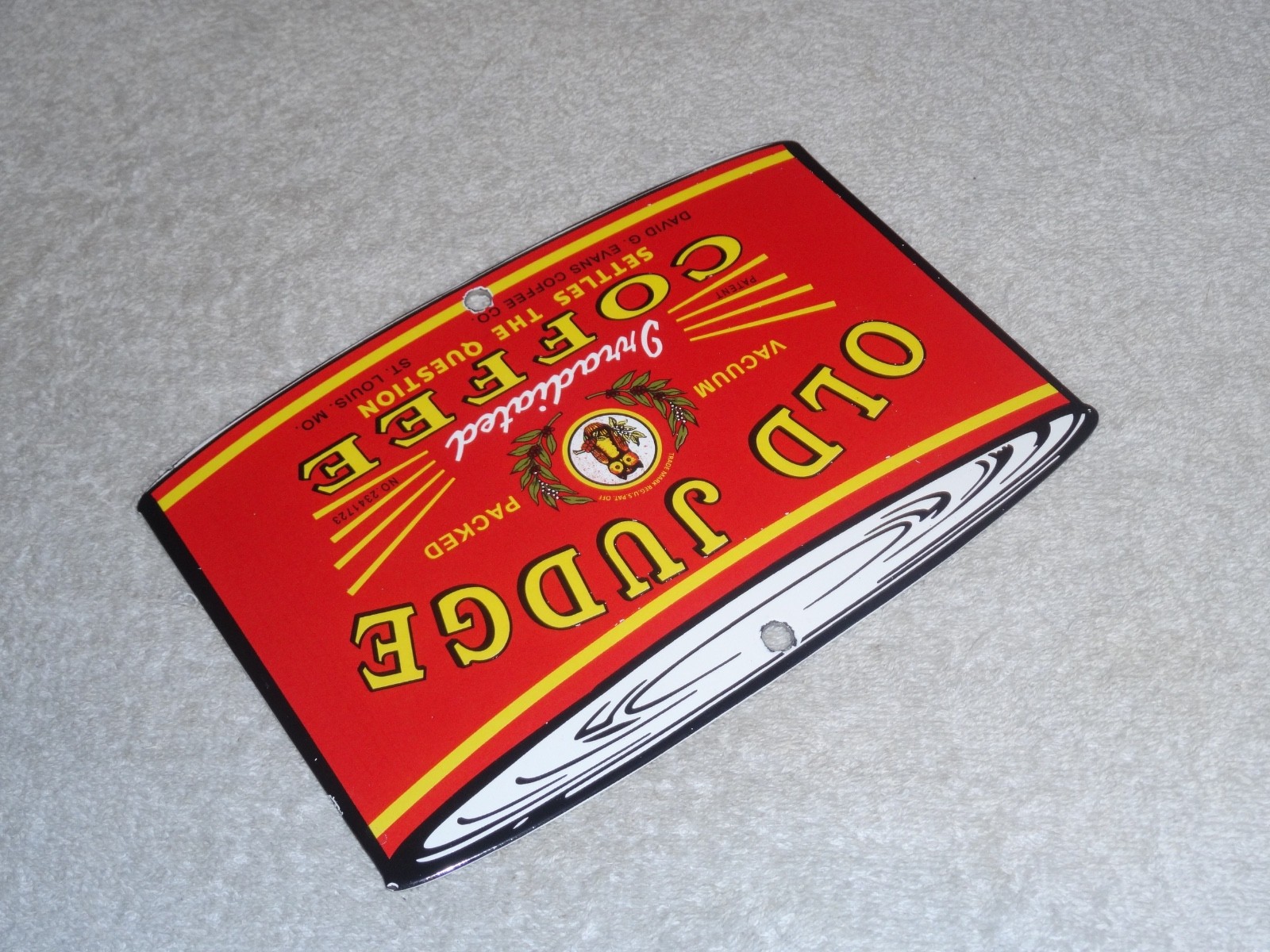 VINTAGE OLD JUDGE COFFEE CAN +OWL 7 3/4" PORCELAIN METAL SODA, GASOLINE OIL SIGN