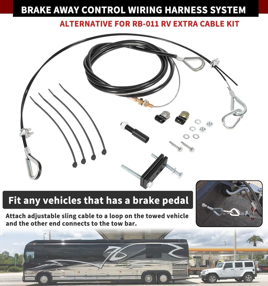 Trailer Brake System Extra Cable Kit, RV Tow Bar Ready Stop Cables, Connected wi