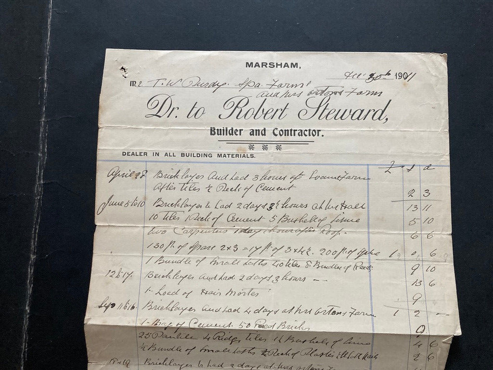1911 Robert Steward builder & contractor Marsham paper invoice bill