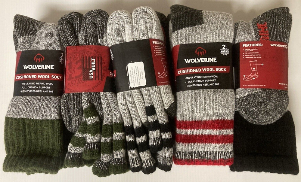 Wolverine Merino Wool Blend Cushioned Work Boot Socks, Large, 4 pairs, Free Ship