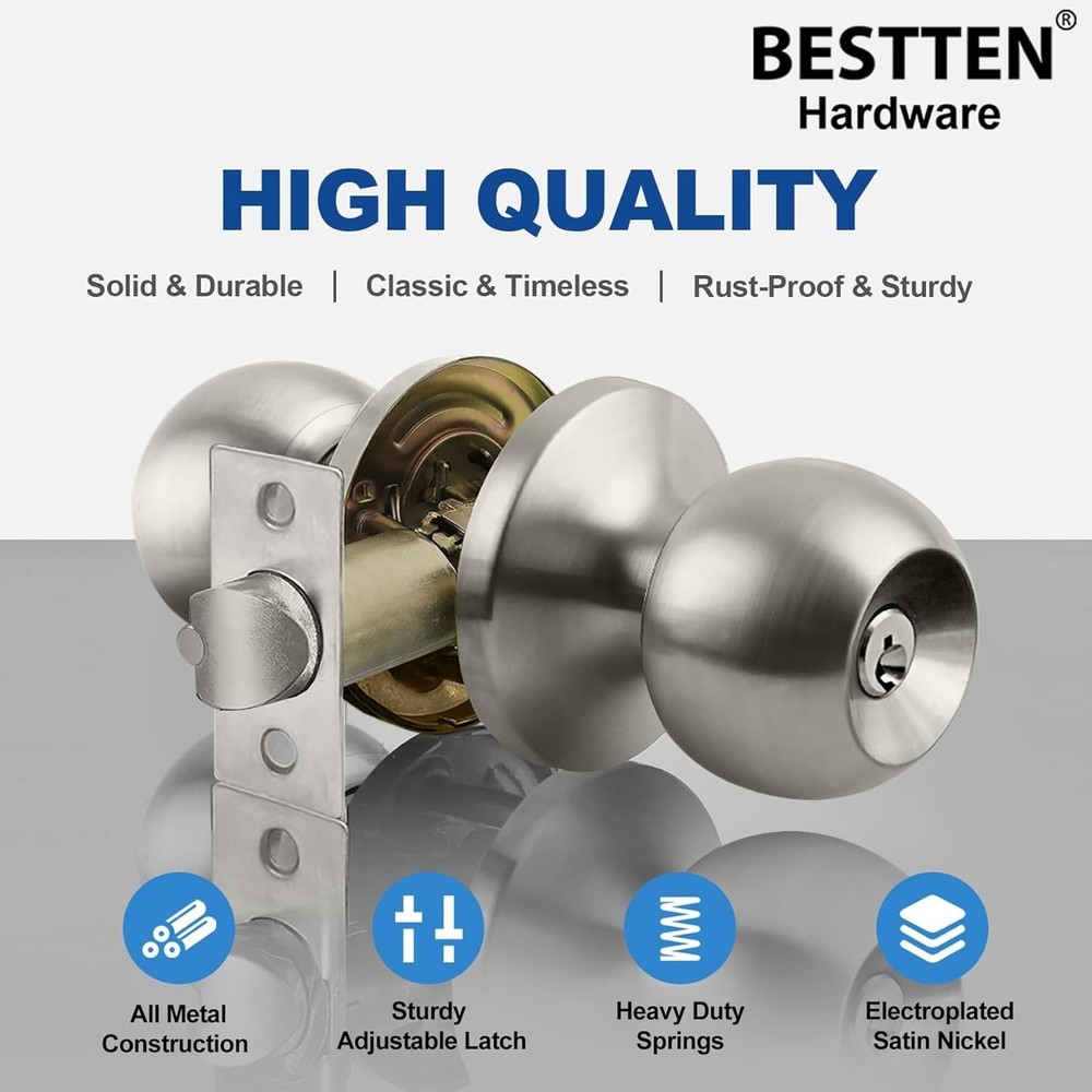 Satin Nickel Keyed Entry Door Knob | Durable Interior & Exterior Lock Solution