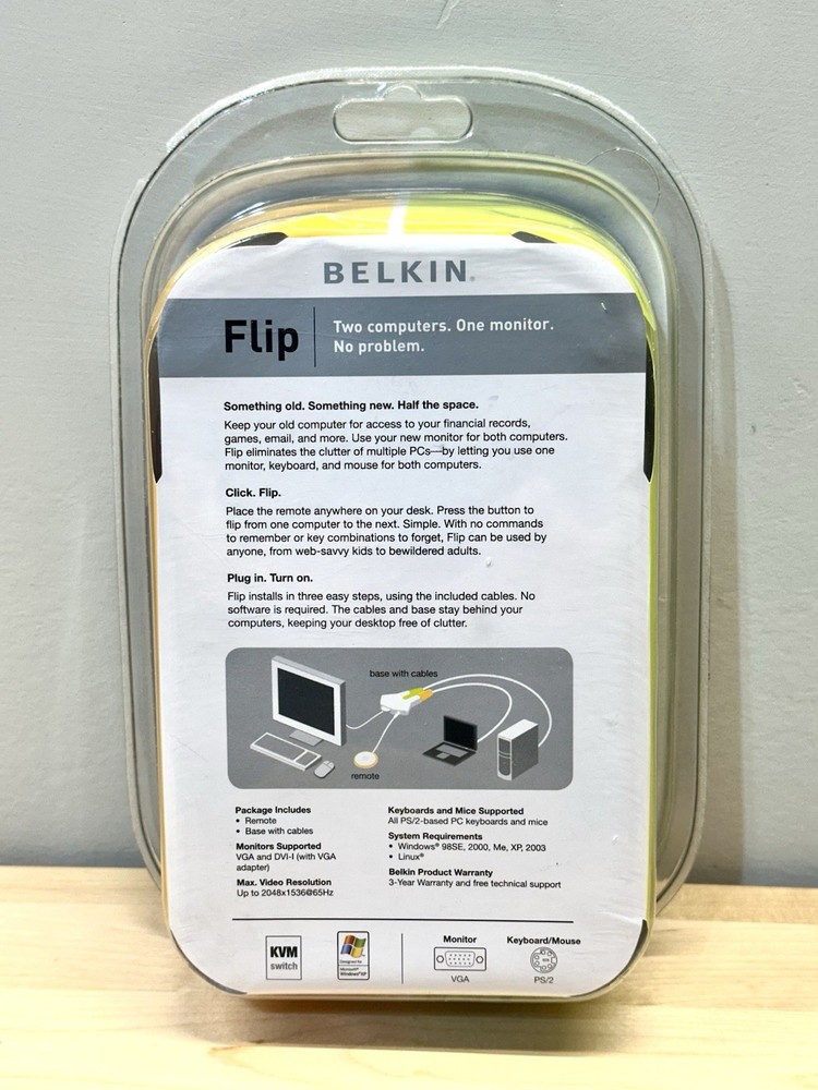 Belkin Flip PS/2 KVM Switch F1DF102P Flip Between Two Computers NEW