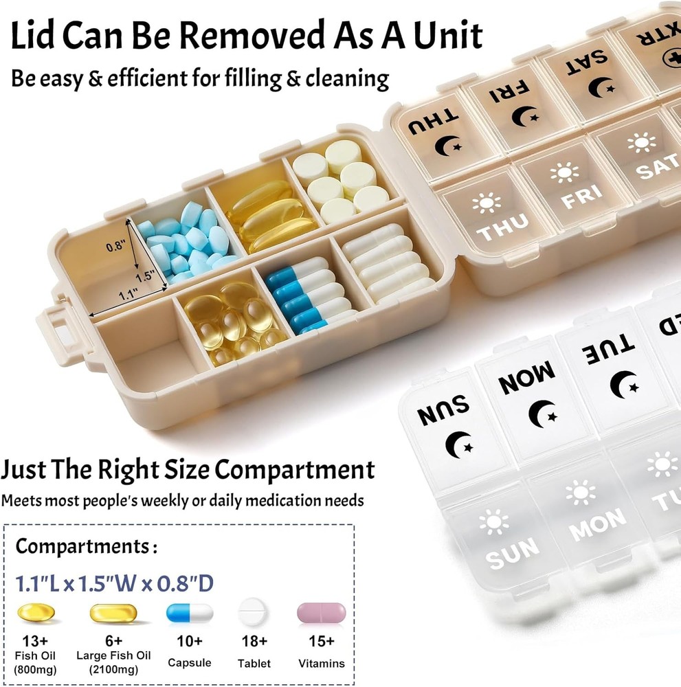 Foldable Weekly Pill Organizer 2 Times a Day with 2 Extra Compartments (