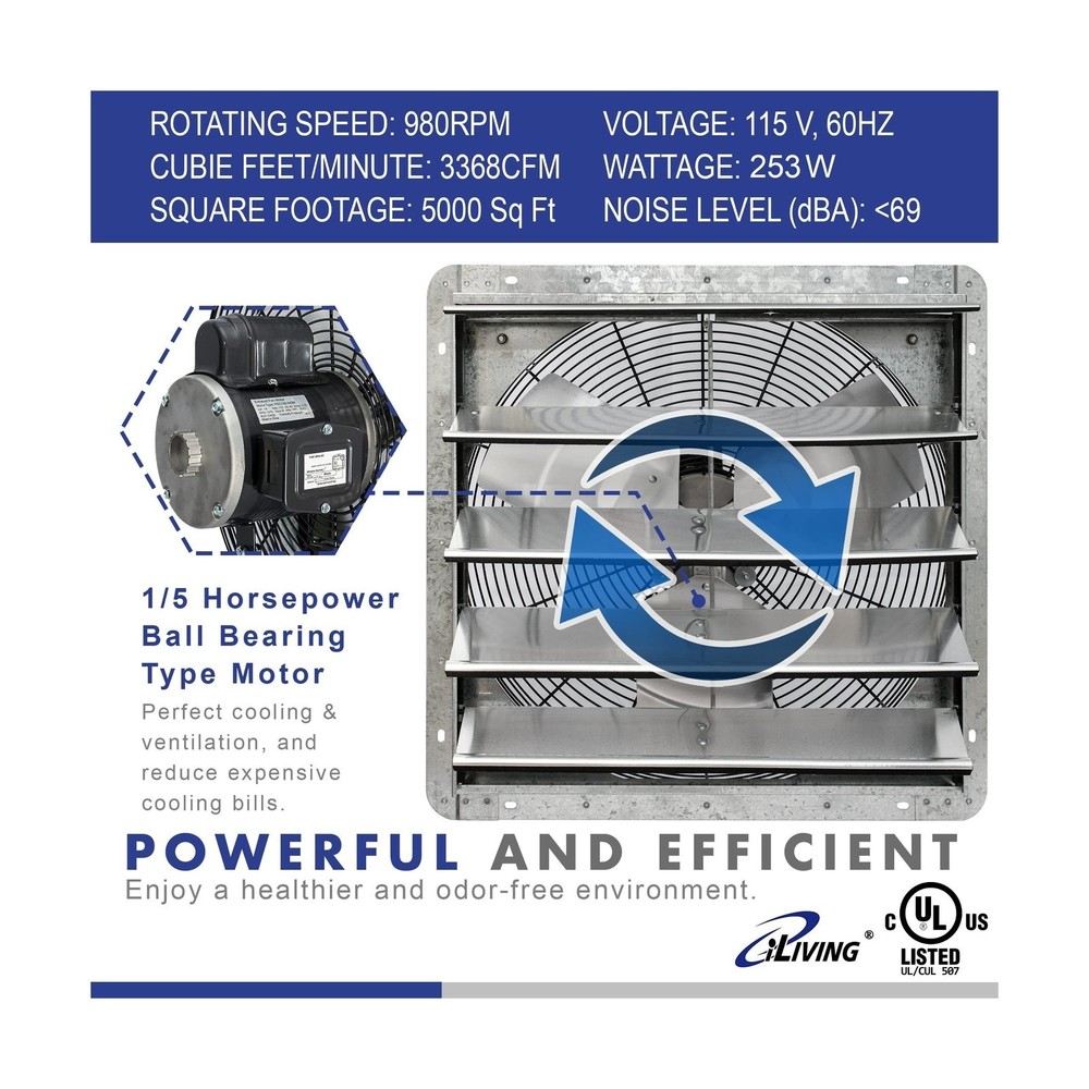 ILIVING 20" Wall Mounted Shutter Exhaust Fan, Automatic Shutter, with Thermos...