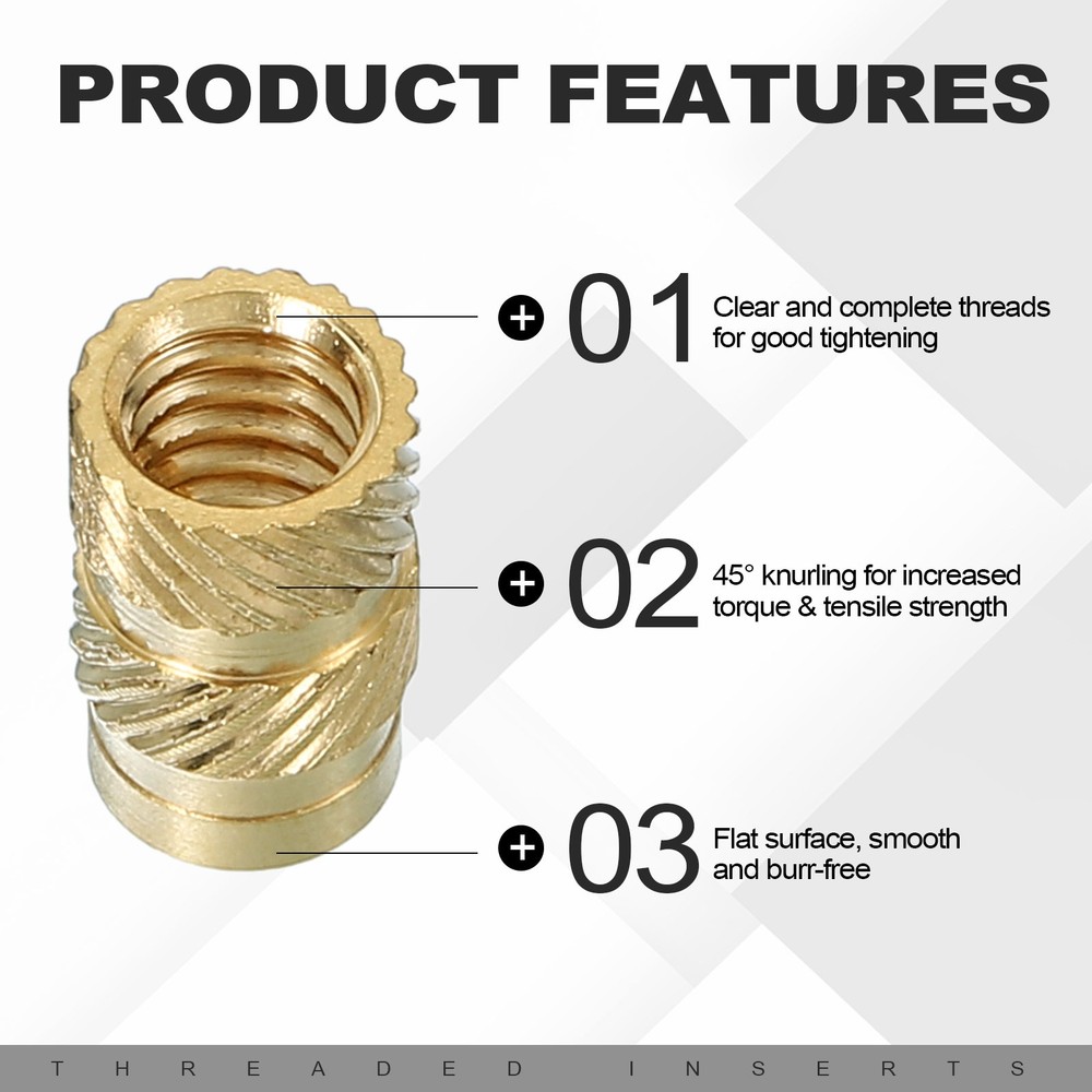 50 Pcs 1/4"-20x8x8mm Threaded Inserts Brass Knurled Nuts Gold