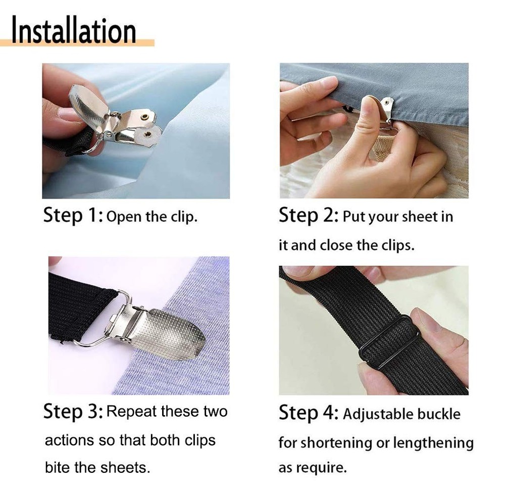 4Pcs Adjustable Bed Sheet Straps Clips, Elastic Mattress 4pcs-white
