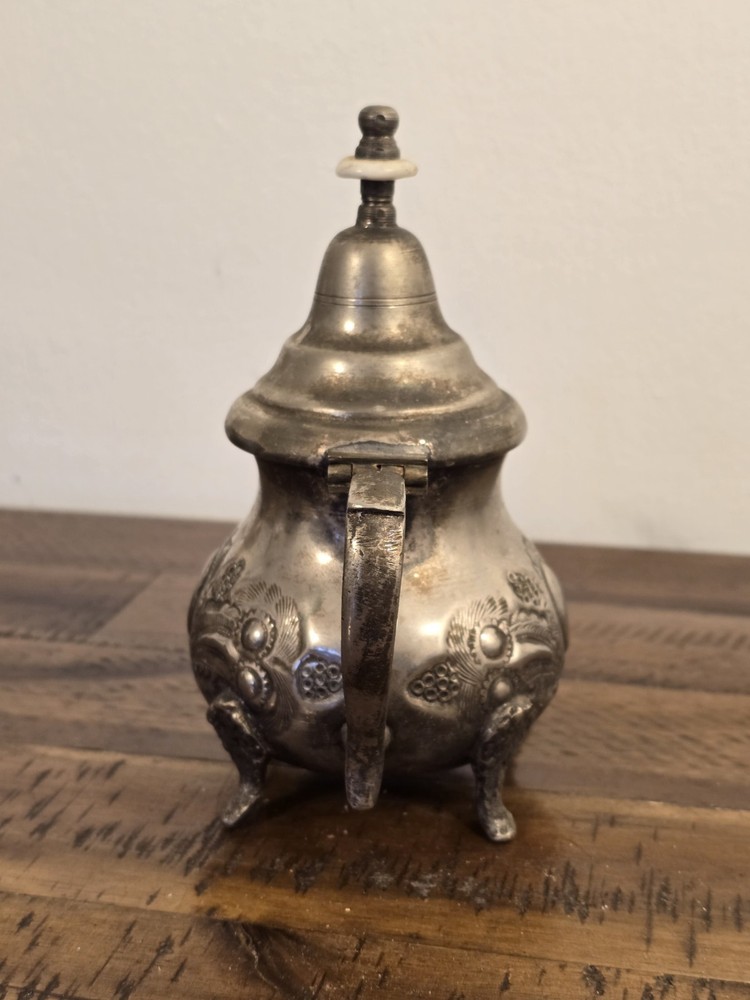 Vintage Traditional Moroccan Silver Plated Footed Teapot Kettle With Lid