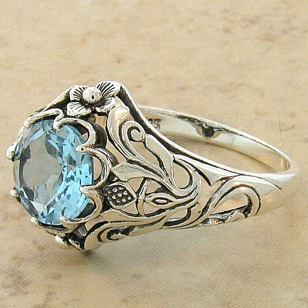 "SCOTTISH THISTLE" GENUINE BLUE TOPAZ 925 SILVER NOUVEAU ANTIQUE STYLE RING 217X