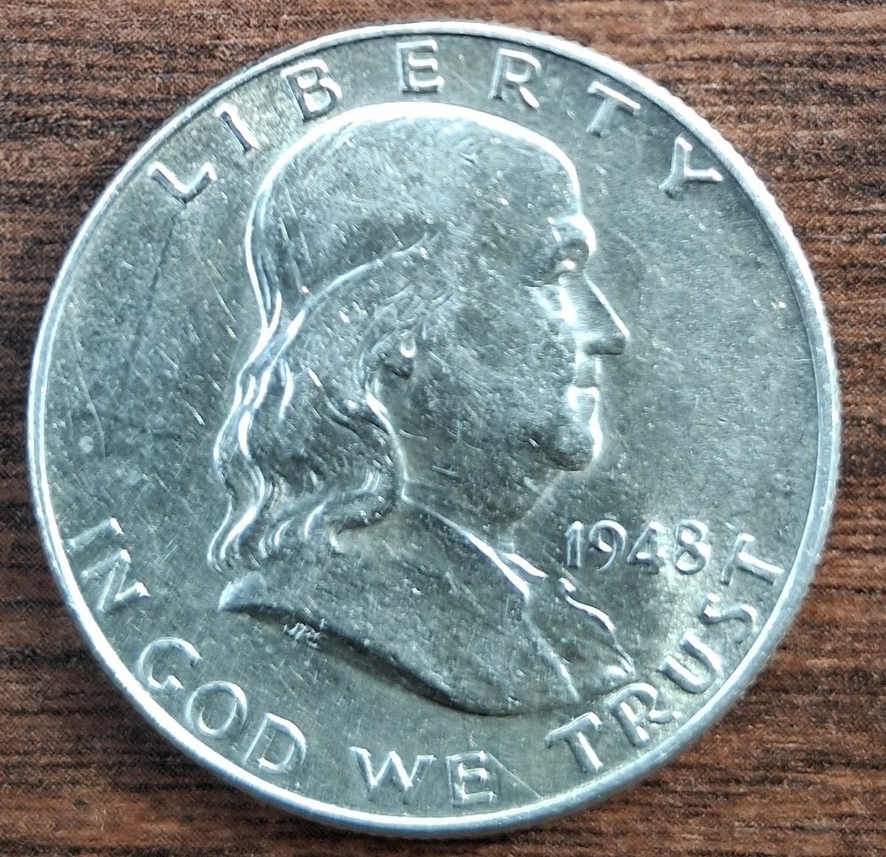 1948 D Silver  Franklin Half Dollar Nice AU (Bell Lines)