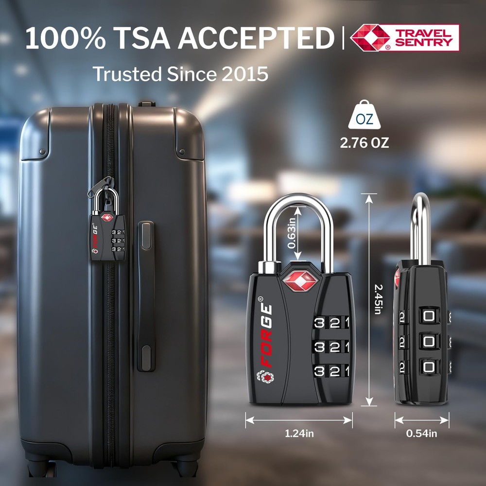 Forge Open Alert TSA Approved Luggage Locks - 3 Digit Combination, Easy Black