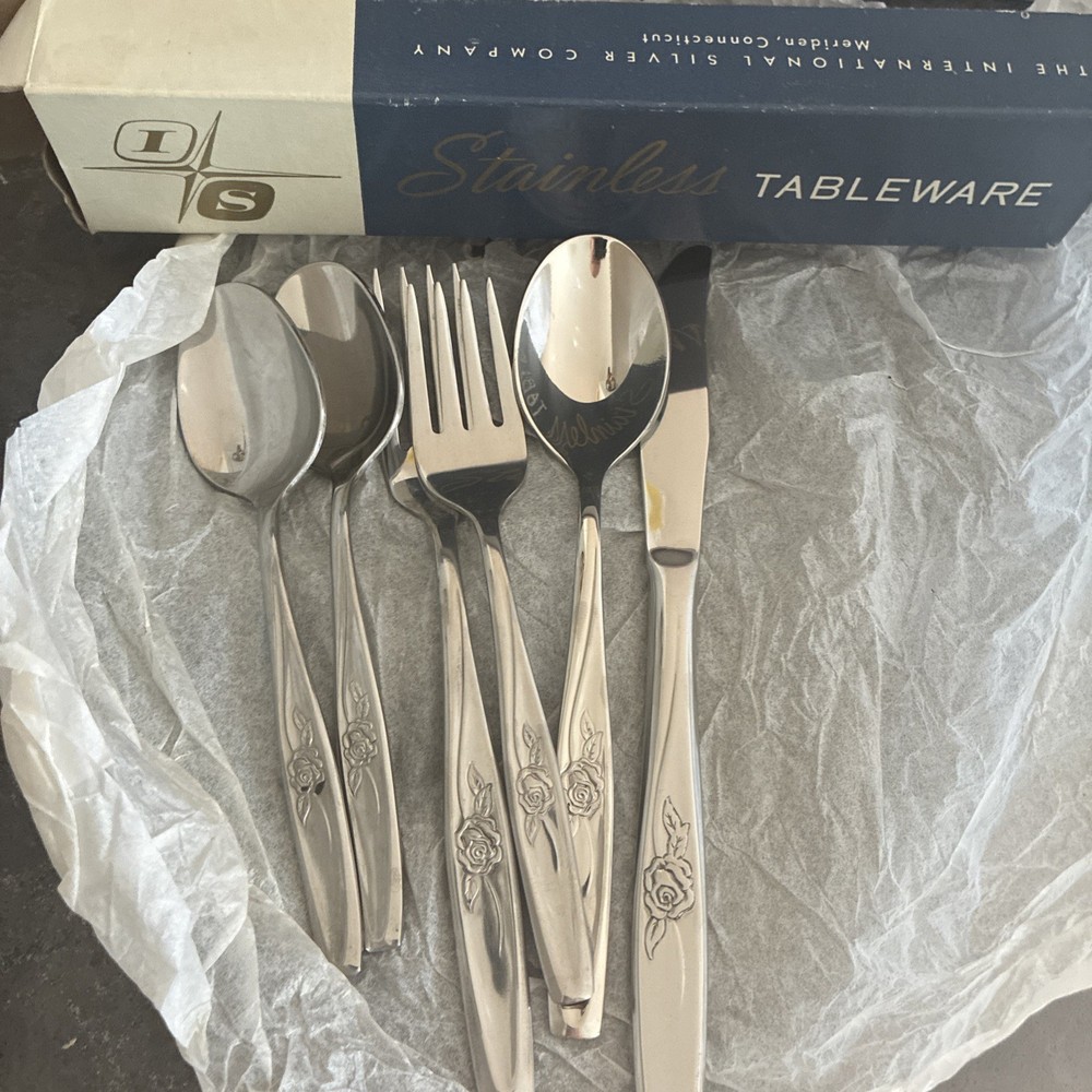 Vtg International Silver Random Rose Stainless Flatware Silverware 6 Piece Set