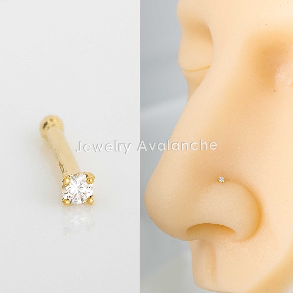 Solid 20G 14K Gold Diamond Ball-end Nose Ring Stud, Nose Bone Stud Prong Set