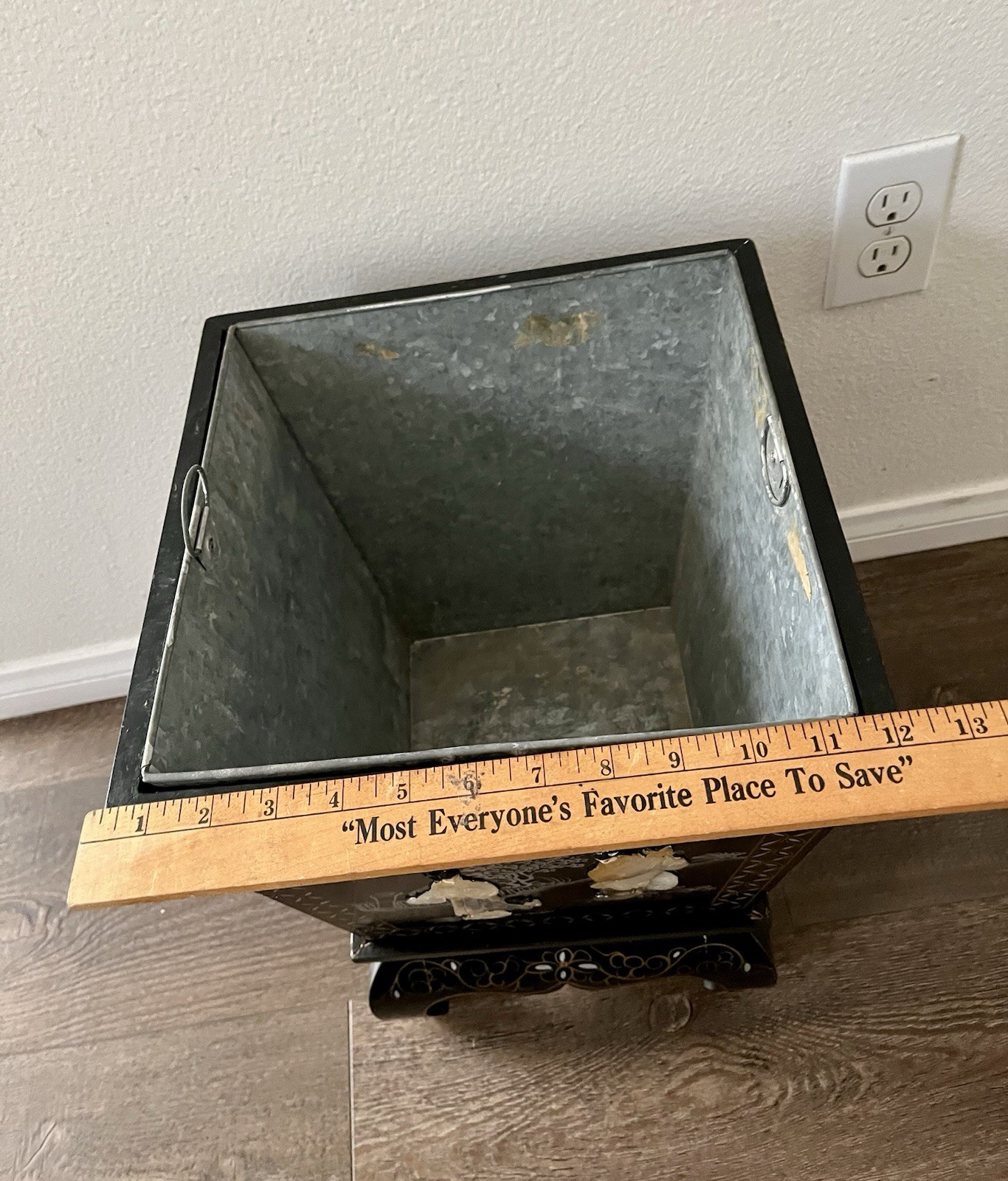 Chinese Black Lacquer Planter/bin/trash Can With Mother-of-pearl Figures 17”