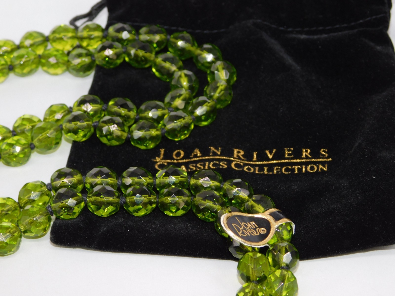 Vintage JOAN RIVERS Lariat Tassel Necklace Green Faceted Beads Flapper NWT