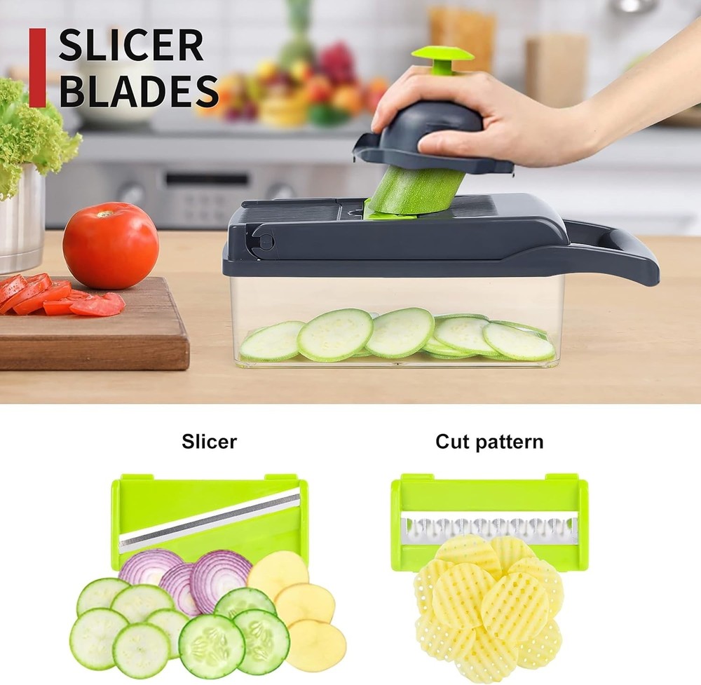 Stainless Steel Vegetable Chopper with 7 Interchangeable Blades - Gray
