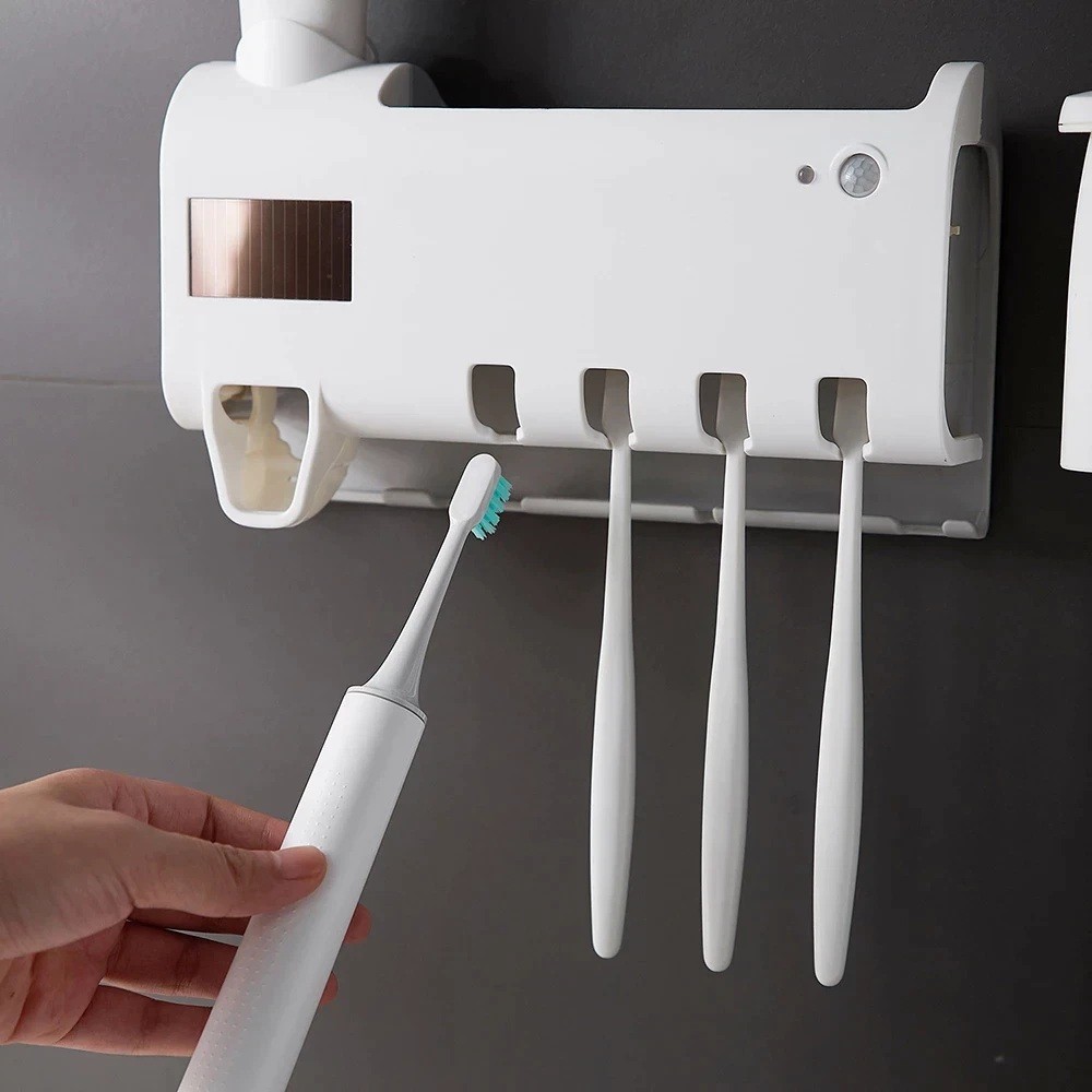 UV Light Toothbrush Sterilizer Holder & Automatic Toothpaste Dispenser Cleaner