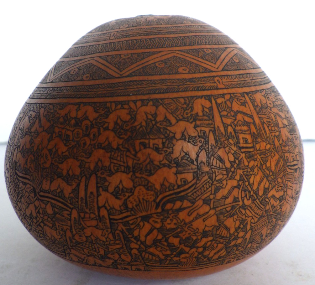 VTG Folk Art Peruvian Handcrafted Carved Gourd Intricate Detailed Story Telling