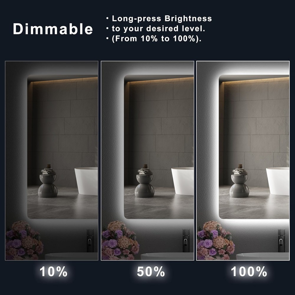 LED Anti-Fog Bathroom Mirror w/3 Color Temperatures, Memory Function & Backlight