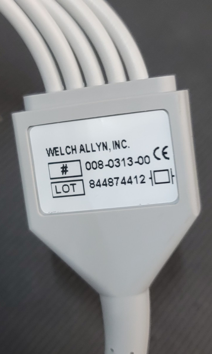 Welch Allyn ECG Cable 6 Pin 5 Leads Snap AHA Compatible 12' 008-0313-00